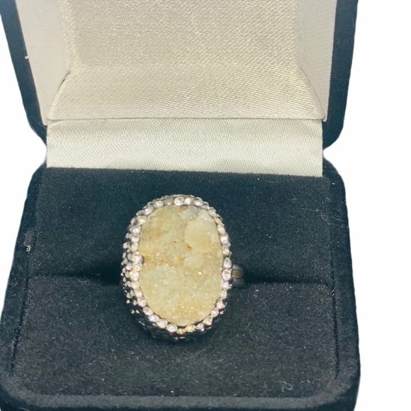 Natural Quartz Druzy Sparkling Cluster Ring 925 Silver Size 7.5 - Picture 4 of 11